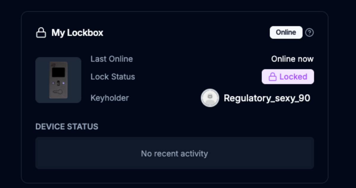 The R+D dashboard showing an online, locked Lockbox and its keyholder