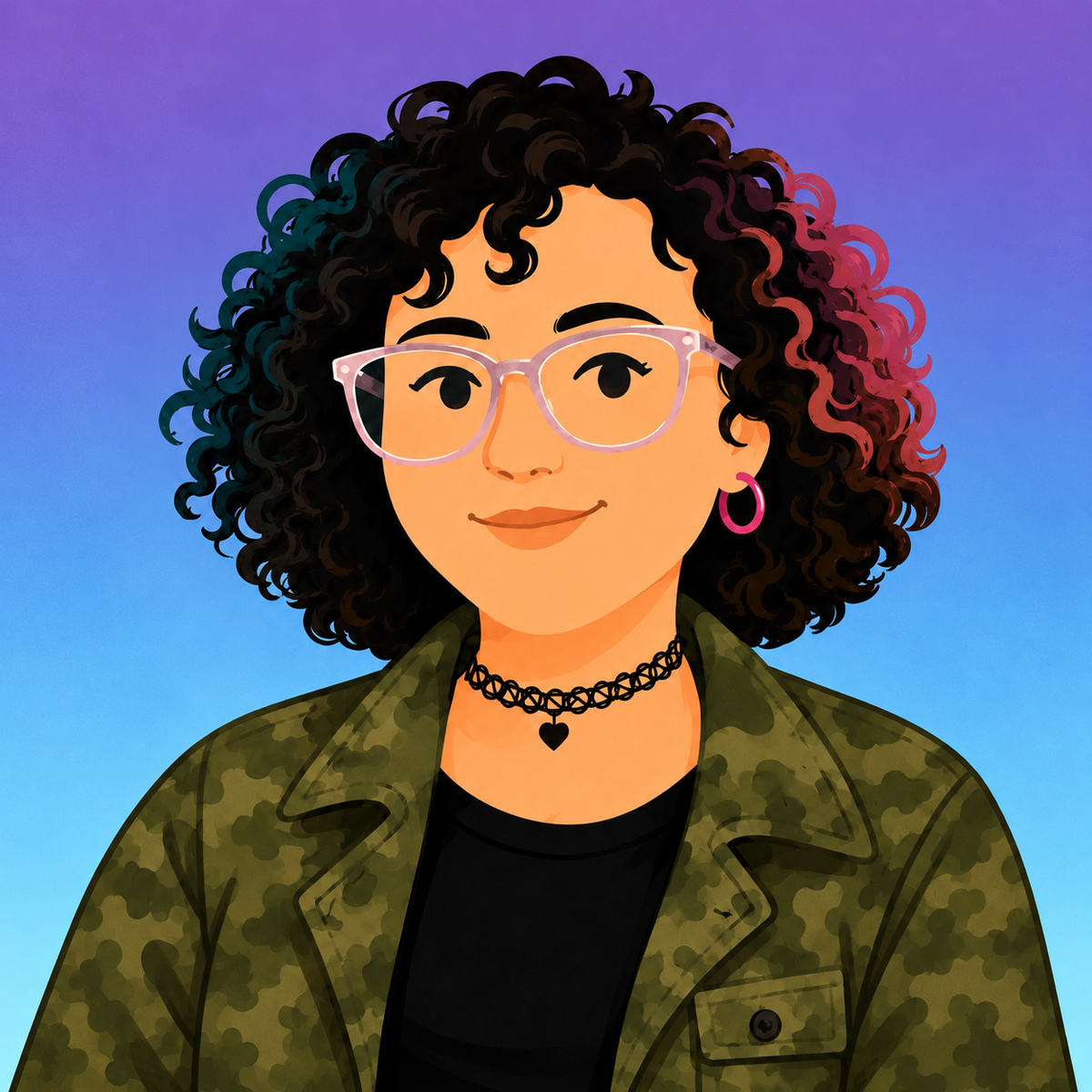 Illustrated portrait of Lucy Chapar against a purple-to-blue gradient