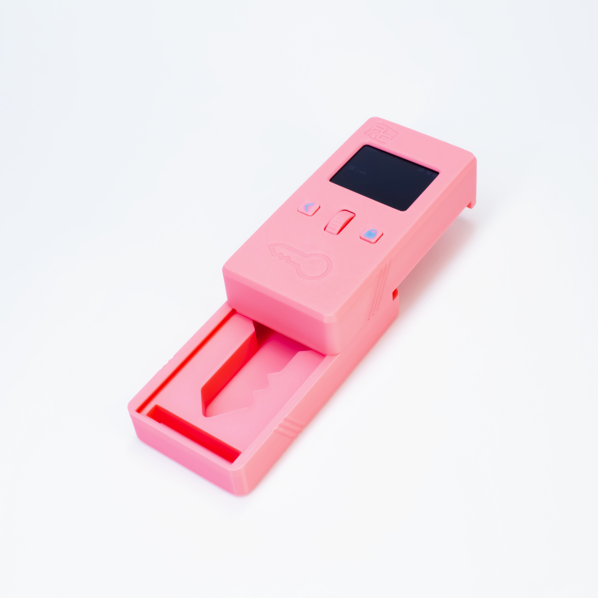 Pink R+D Lockbox with its key drawer open