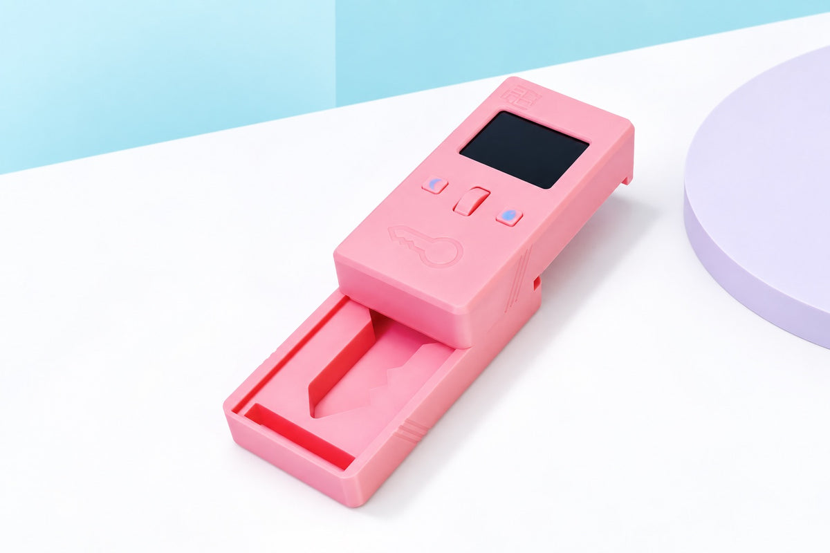 A pink R+D Lockbox photographed on a blue and lavender background